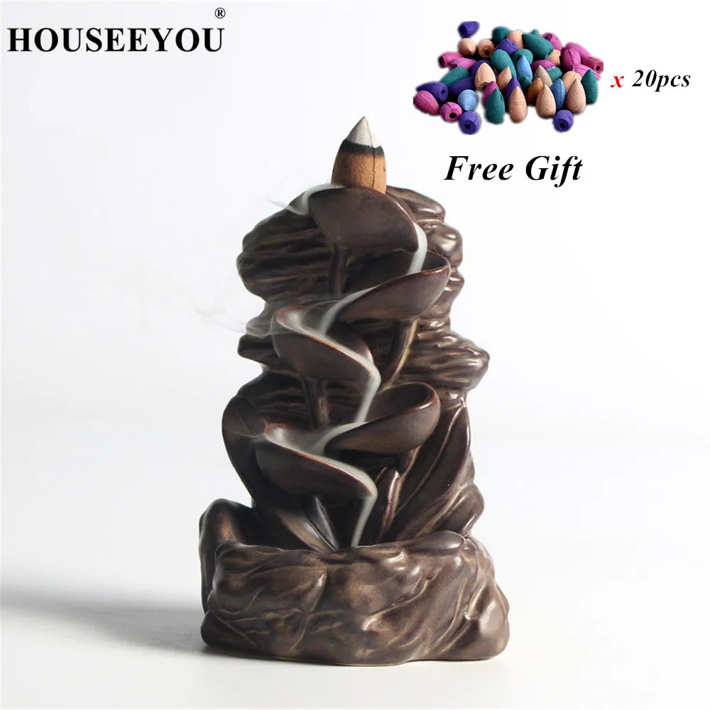 

HOUSEEYOU Rockery Garden Backflow Incense Burner Ceramic Incense Holder Censer Aromatherapy Diffuser + 20Pcs Incense Cones
