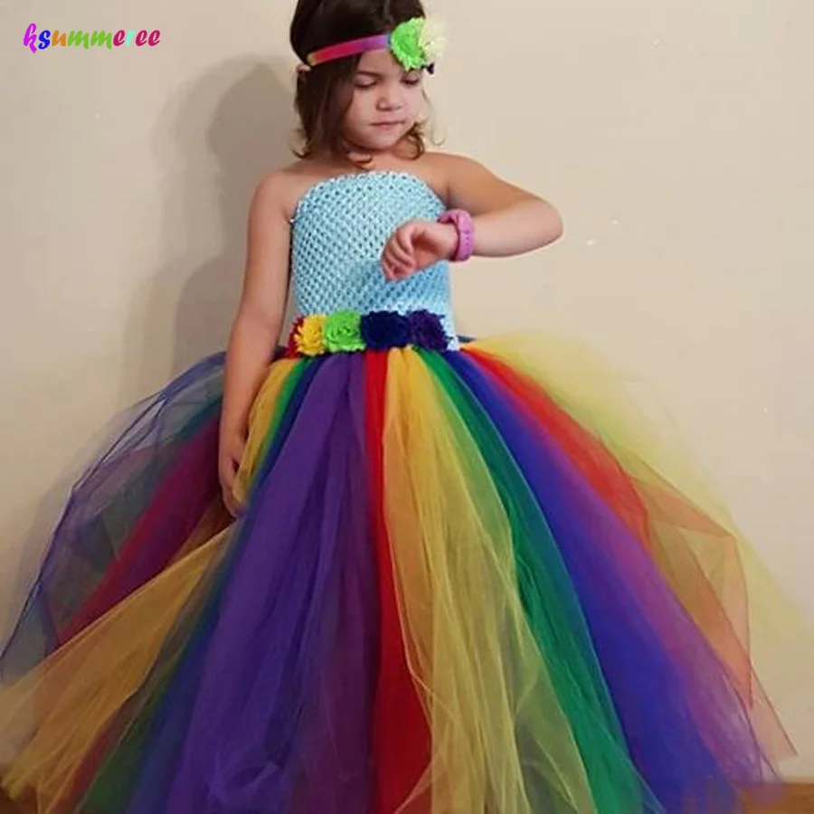 Shabby Flowers Girls Rainbow Tutu Dress Full Length Princess Tulle Dress Kids Birthday Party Ball Gowns Purim Xmas (1)