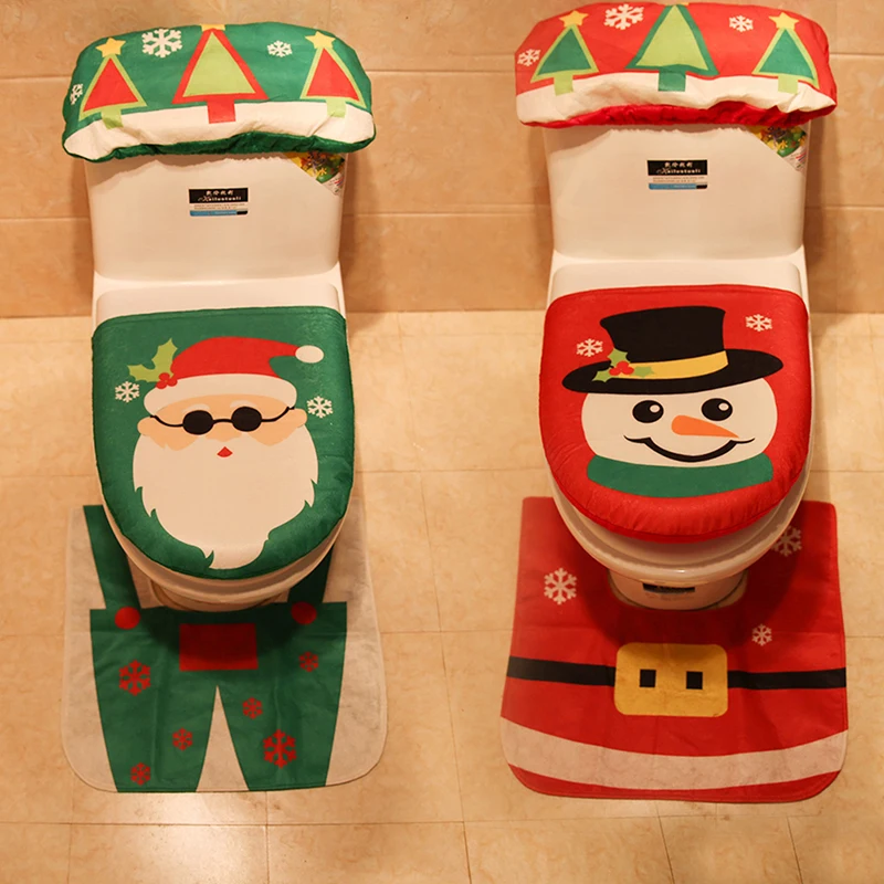 Christmas Toilet Seat Cover And Rug Toilet Foot Pad Seat Cover Cap Happy Santa Bathroom Santa Claus Decorations Accessory