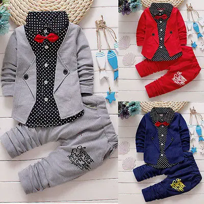 

2pcs gentleman suit !! Toddler Baby Boys Kids bow tie Tops+Long Pants Clothes Outfits autumn Set