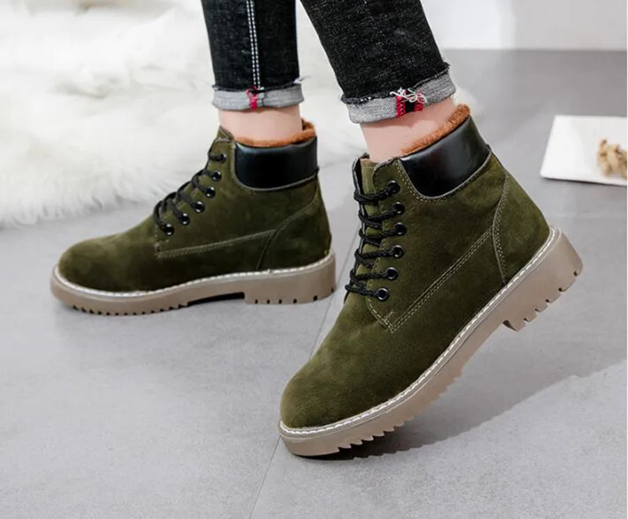 KNCOKAR Winter Velvet New Fashion Lace Up Students Flat Anti-Skid Short Boots Round Head Martin Boots Women's Shoes