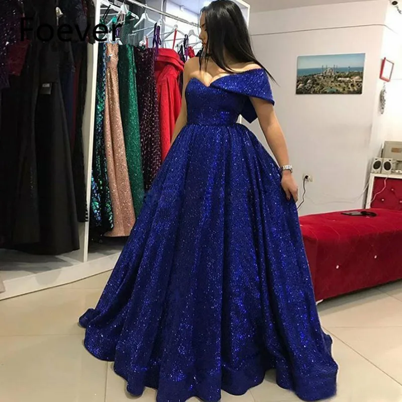 

Sparkling Blue Sequined A-line Prom Dress 2019 Off the Shoulder Arabic Evening Dresses Dubai Party Formal Party Gowns