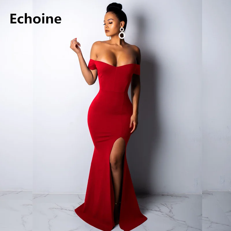 

Women Off Shoulder Split Maxi Dress Femme Christmas Long Elegant Party Dress Bodycon Slim Backless Sexy Dress Robe Dress Vestido