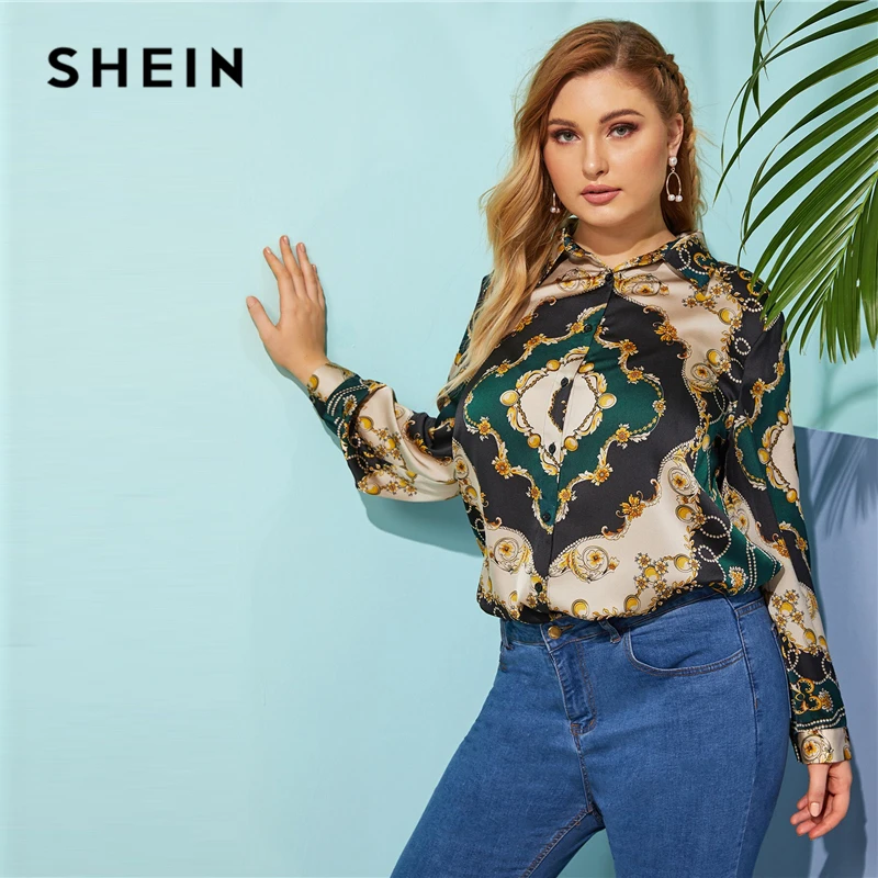  SHEIN Plus Size Multicolor Scarf Print Satin Shirt Blouse 2019 Women Spring Fall Classy Button Coll