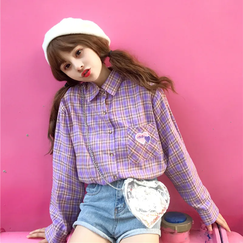 

Harajuku Fashion Color Plaid Women Shirts Cotton Loose Sweet Heart Shaped Milk Embroidery Long Sleeve Student Shirts