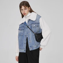 Ретро Синий отворот свободная Имитация кролика рукава с мехом сшивание джинсовая куртка женская зима новое короткое пальто