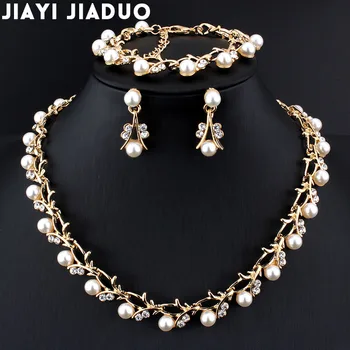 

Hot Sale Imitation Pearl Wedding Necklace Earrings Bracelet Set Bridal Jewelry Set Gold Color Women's Wear Elegant Party Gifts