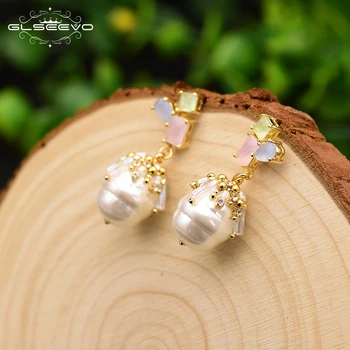 

XlentAg Natural Fresh Water Baroque Pearl Drop Earrings Colorful Zircon Drop Earrings For Women Handmade Luxury Jewellery GE0662