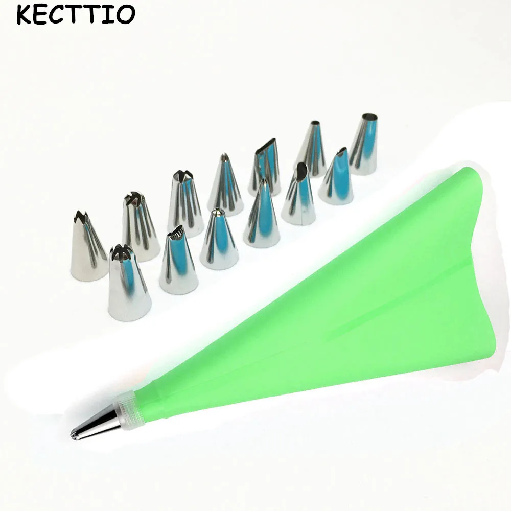

KECTTIO 16PCS/set Silicone Icing Piping Cream Green Pastry Bags + Stainless Steel Cake Nozzle Tips Fondant Decorating Tools