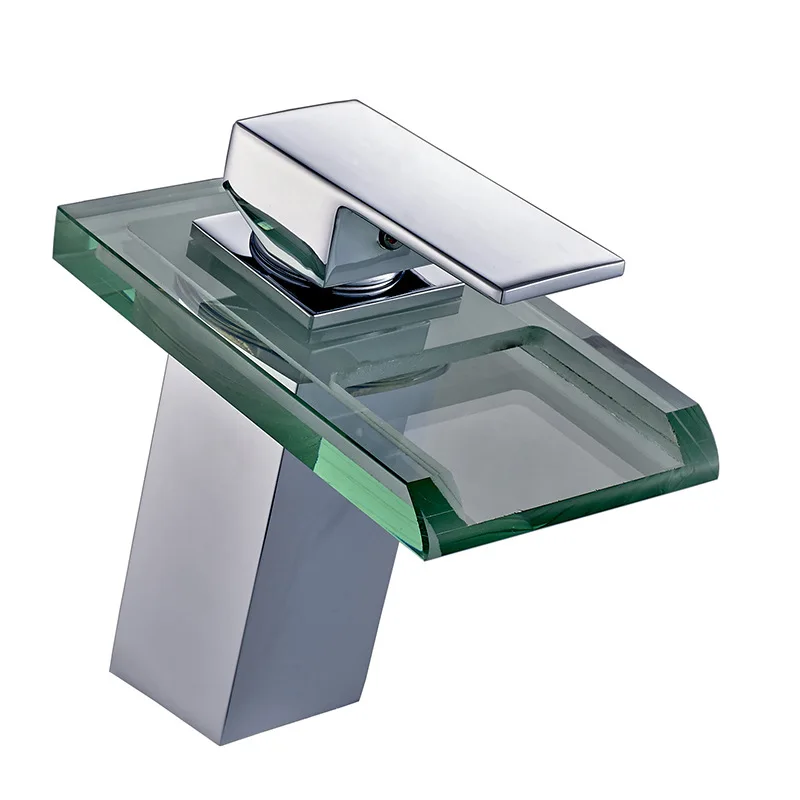Temperature control three-color LED light glass faucet Square waterfall basin above counter basin hot and cold water faucet Temperature control three-color LED light glass faucet Square waterfall basin above counter basin hot and cold water faucet