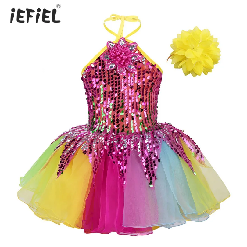 

Toddler Kid Girls Ballroom Dance Wear Outfit Flower Tutu Dress Halter Neck Sequins Colorful Girls Ballet Dress Dance Performance