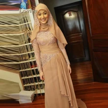 Elegant Khaki Islamic Champagne Long Sleeve Muslim Evening Dresses in Dubai Arabic Hijab Caftan Abyie Applique