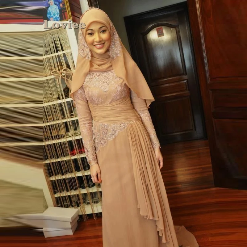 Elegant Khaki Islamic Champagne Long Sleeve Muslim Evening Dresses in Dubai Arabic font b Hijab b