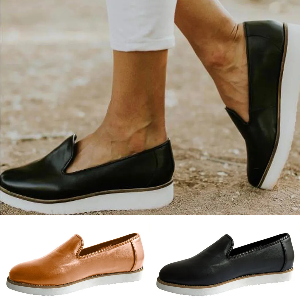 

2019 Women's Leather Pumps New Fashion Spring Summer Shoes Round Toe Shallow Mouth Platform Loafers Peas Boat Shoes Casual