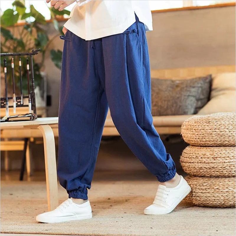 Chinese Style Foot Straps Pants Fashion Men Vintage Solid Wide Leg Trousers Plus Size Drawstring Waist Male Pants M-7XL