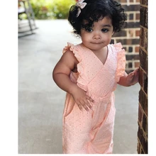 Детский летний комбинезон для маленьких девочек, одежда с рукавами-крылышками и v-образным вырезом и бантом, модные комбинезоны, Комбинезоны