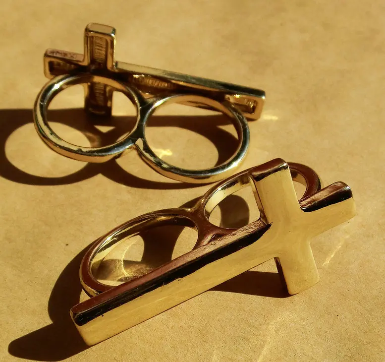 Shiny Polished Simple Cross Two Finger Double Punk Ring