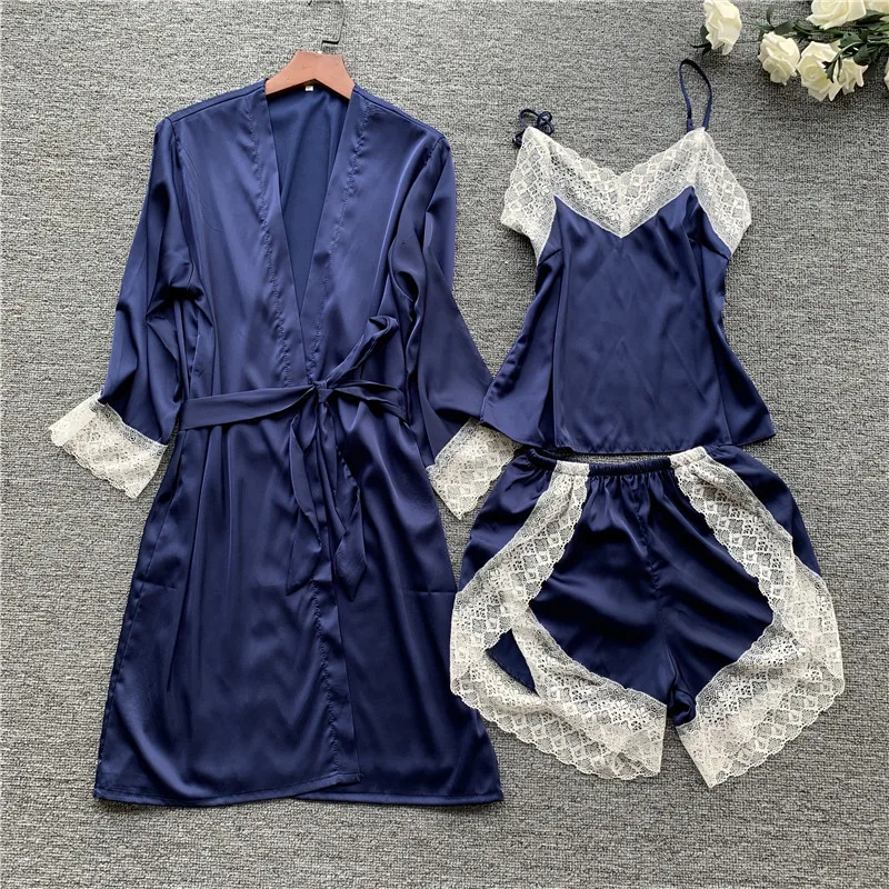

Satin Sleepwear Female with Chest Pads Sexy Women Pajamas Lace Silk Sleep Lounge 3 Pieces Sets Elegant Ladies Indoor Clothing