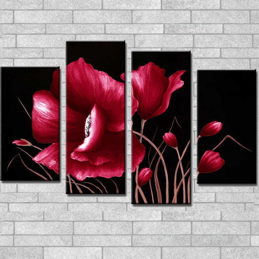 

HOTSALE Gig Flower Oil Art Painting Hand Painted Blomming Red Flower 4 pieces Combined Canvas Oil Paints Modern Home Wall Decor