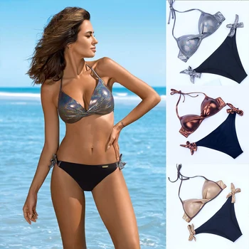 

2019 Sexy String Thong Bikini Swimsuit Women Push Up Swimwear XXL Biquini Halter 2 Pcs Shiny Beachwear Padded Bra Bathing Suits