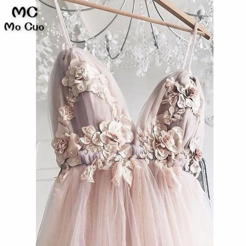 Light Pink V Neck Applique Long Prom Dress, Evening Dress 43