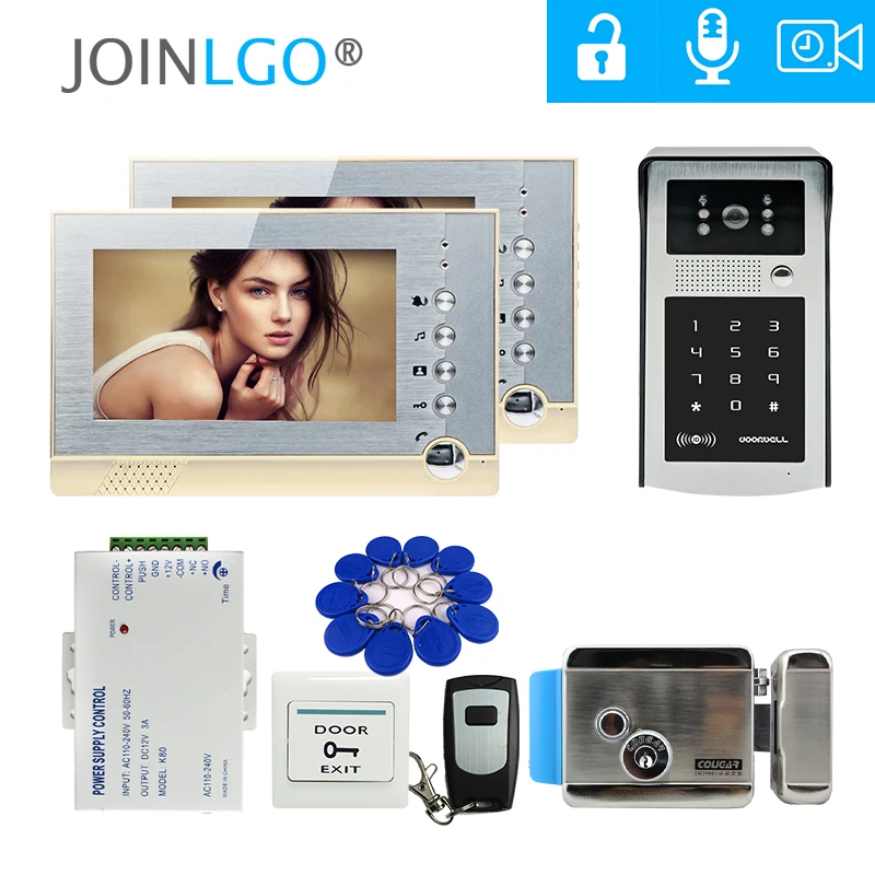 FREE SHIPPING 7\ LCD Screen Record Video Intercom Door Phone System 2 Monitors Outdoor RFID Keypad Doorbell Camera Electric Lock