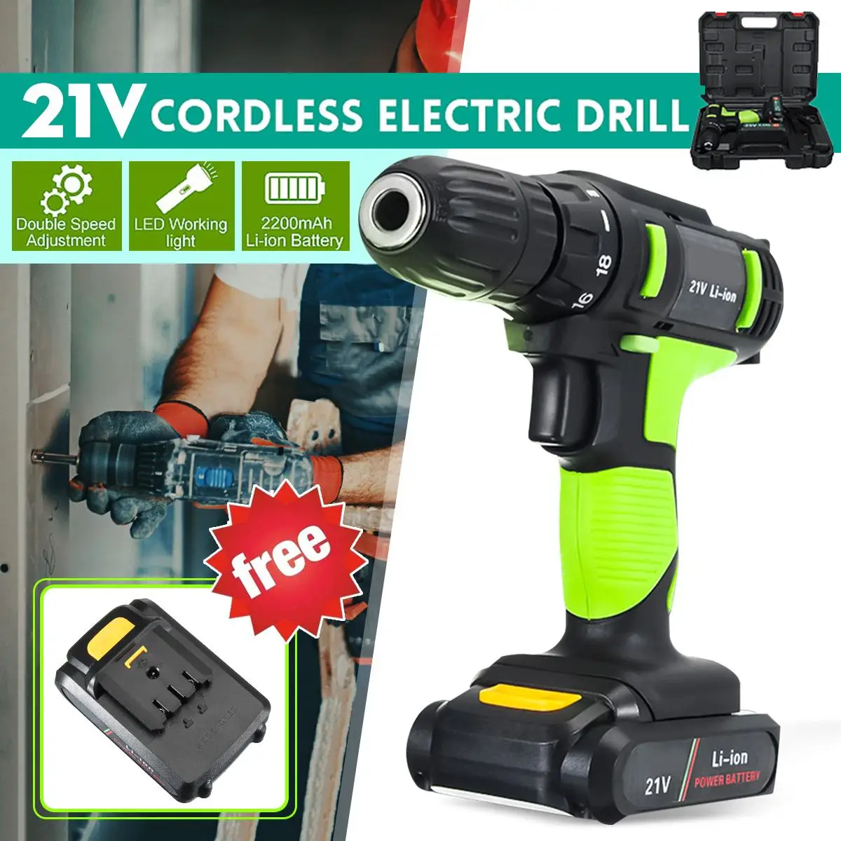 

21V Electric Screwdriver Battery Screwdriver Wireless Drill Power Tools Professional Electric Torque Screwdriver + 2 Batteries