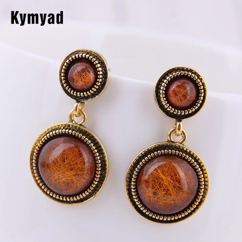 

Kymyad Vintage Stud Earrings For Women Brown Womens Earrings Round Resin Stone Statement Earings Fashion Jewelry Female Brincos