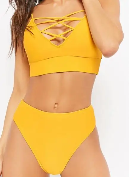 

Sexy Push Up Bikini Set Women High Cut Bikini Bandage Swimwear Yellow Strappy Beachwear Spaghetti Strap Swimsuit Maillot De Bain