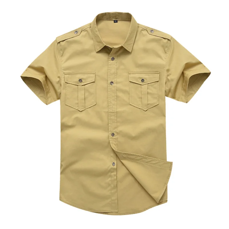 

Solid Color Cotton Mens Shirts Short Sleeve Turn-down Collar Army Green Khaki Men Tops Casual Male Camisas shirt M-6XL