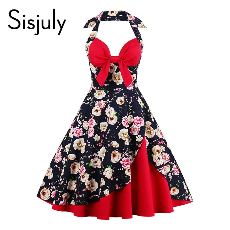 Buy Cheap Sisjuly summer vintage dress retro patchwork floral print bowknot backless party dresses halter sleeveless women vintage dresses