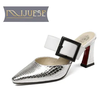 

MLJUESE 2018 women slippers summer Genuine leather Metal slip on pointed toe Silver color pumps slides sandals women mules