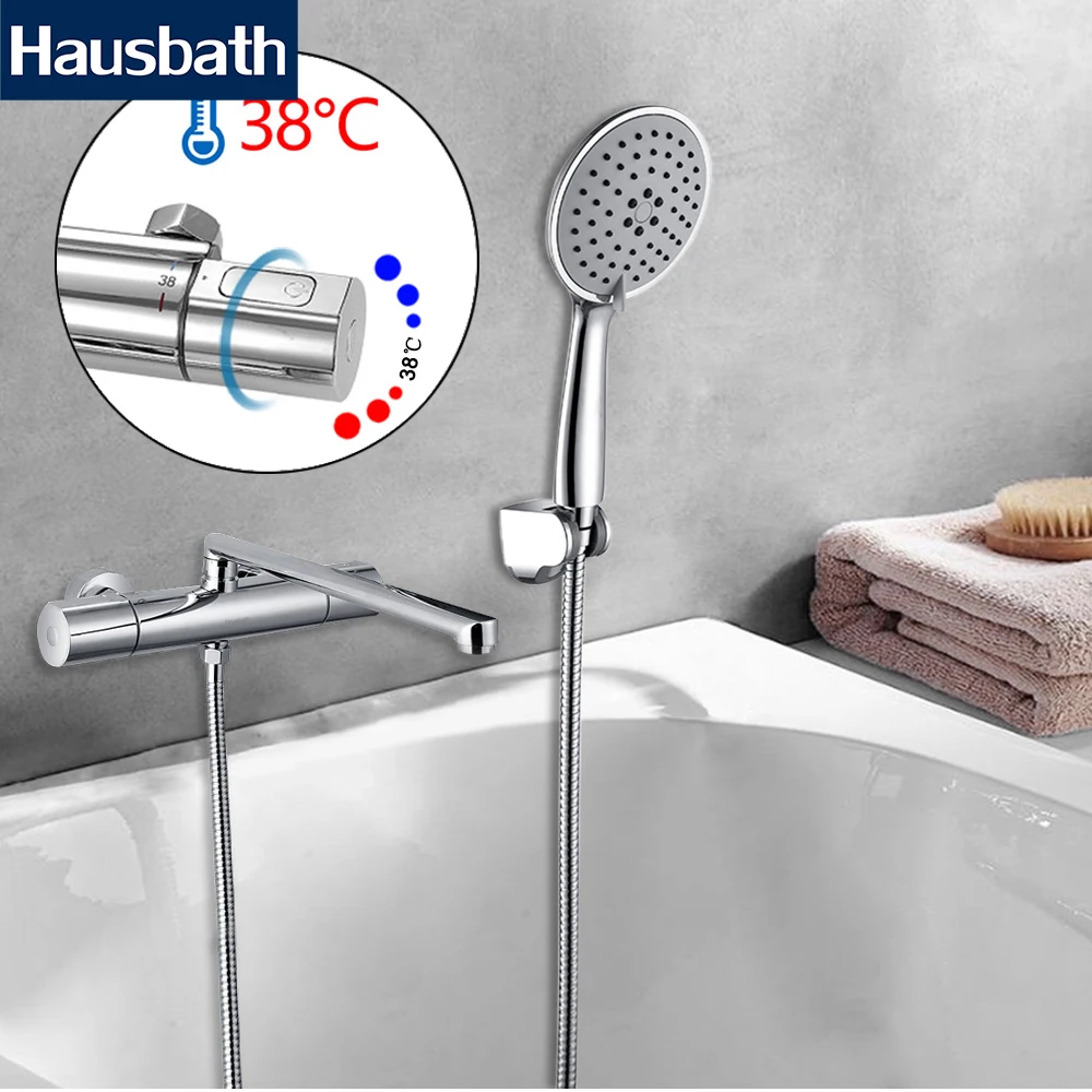 

Thermostatic Faucet Mixer Tap Shower Faucet With 5 Function Shower Head Temperature Control Bathroom Long Trunk Wall Mounted