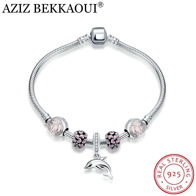 

AZIZ BEKKAOUI Stamp S925 European Original Snake Chain Bracelets for Women Pink Rose 925 Sterling Silver Dolphin Charm Bracelets