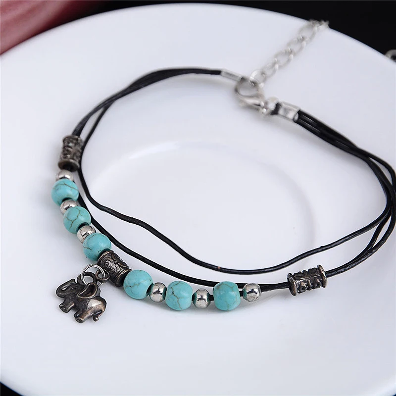 New Charm Bohemia Handmade Turquoise Bead Elephant Foot Chain Anklet Bracelet Chic Leather Barefoot Sandal Beach Jewelry