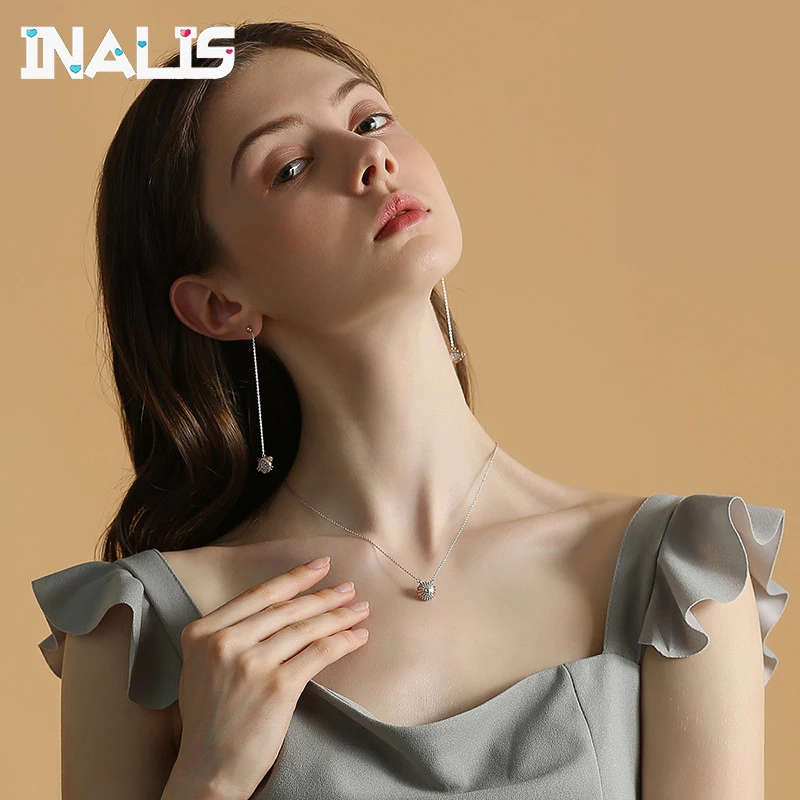 

INALIS New Fashionable Design Link Chain Necklace 925 Sterling Silver Ball Shape Pendant with Tiny CZ Crystal Fine Jewelry Party