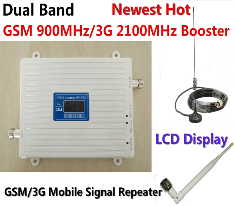 

LCD Display !!! White 3G W-CDMA UMTS 2100MHz GSM 900Mhz Dual Band Cell Phone Signal Booster 2G 3G Signal Repeater with Antenna