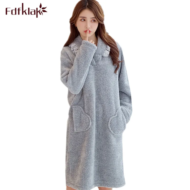 

Fdfklak Loose female nightdress thick flannel nightgown women autumn winter homewear dress warm ladies nightshirt sleepwear