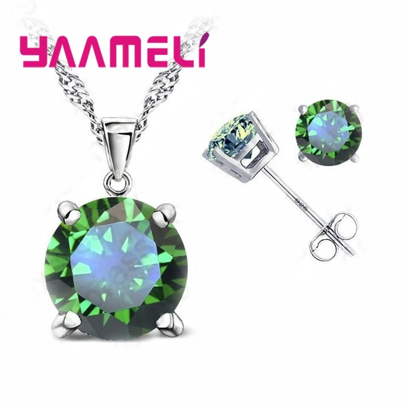 925 серлинг серебро прозрачный кубический цирконий ожерелье кулон серьги для женщин Большой Круглый Кристалл Ювелирные наборы - Окраска металла: green