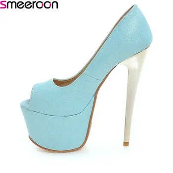 

Smeeroon 2018 new style spring autumn fashion extreme high heels platform pumps peep toe sexy pink white bule women shoes