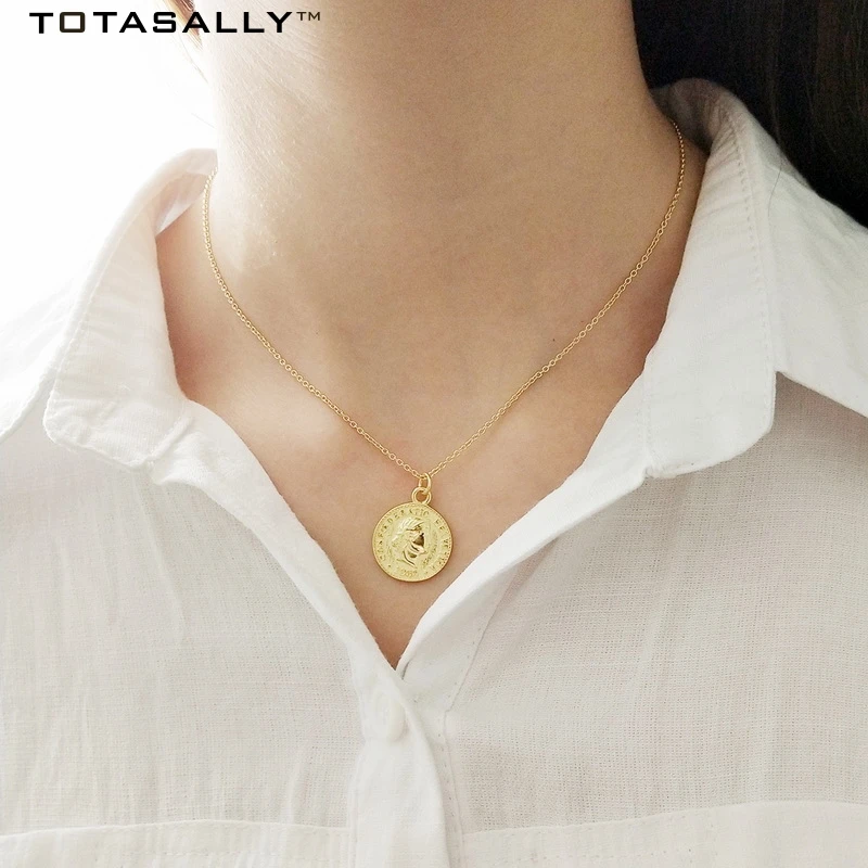 TOTALALLY New Hot Gold Color Round Fashion Portrait Coin Necklace For Women Trendy Dollar Pendant Real S925 Silver | Украшения и