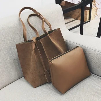 

BEAU-Women Suede Handbags Soft Leather Women Bag 2Pcs Handbags Set Female Shoulder Bags Large Casual Tote Bags