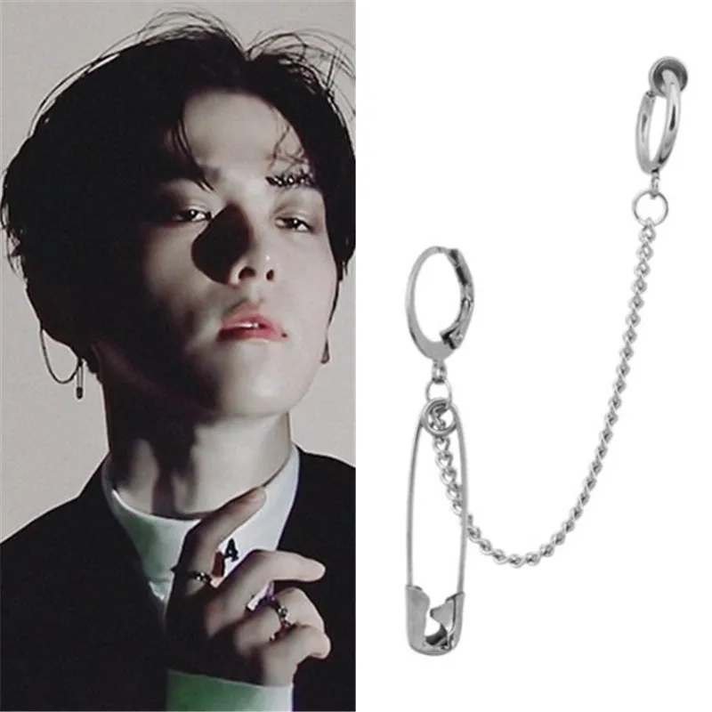 

KPOP DNA Korean V New Tassel Asymmetric Pin Chain Earring Exaggerate Safety Pin Earrings For Women Men Punk Dangle Jewelry