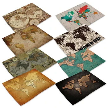 

World Map Pattern Creative Cotton Linen Table Placemats for Table Set Home Accessories Dinner Kitchen Pad Coffee Coaster Mats