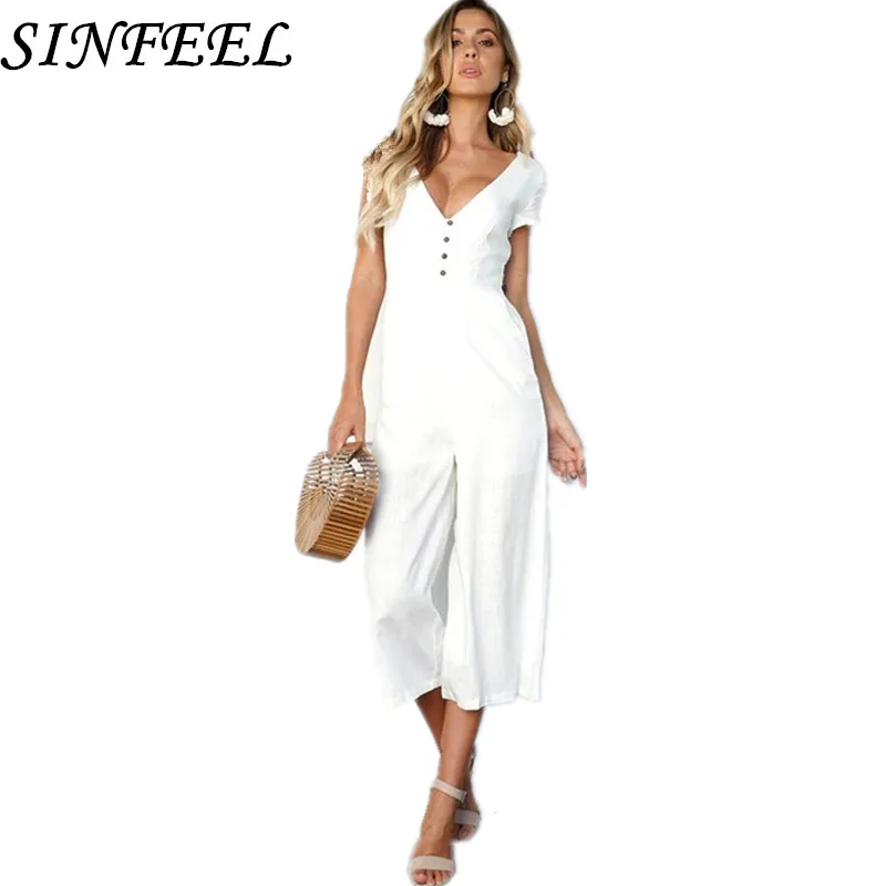 SINFEEL Sexy Summer Jumpsuit Romper Women Deep v neck Button Pocket long Playsuit Elegant OL Work Party Jumpsuit Female overalls цена и фото