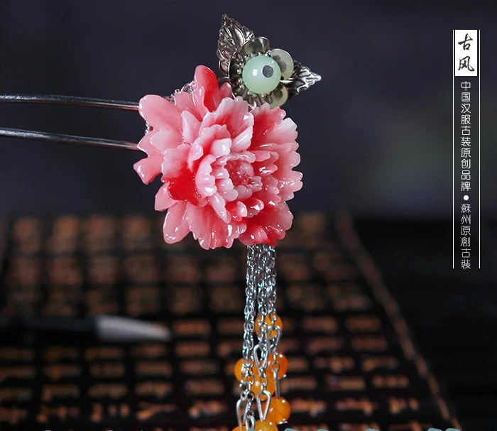 Серебряная палочка для волос TASSEL красная смола Пион цветок ручной работы Hanfu костюм аксессуар