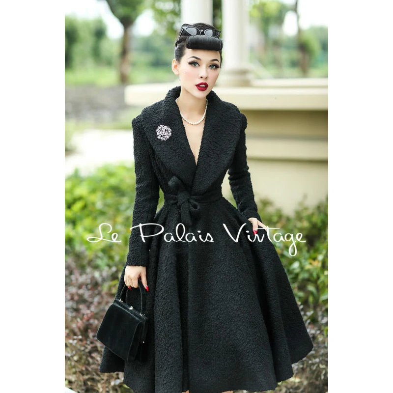 

Le Palais Vintage elegant retro 100% wool Lapel waist skirt type woolen coat
