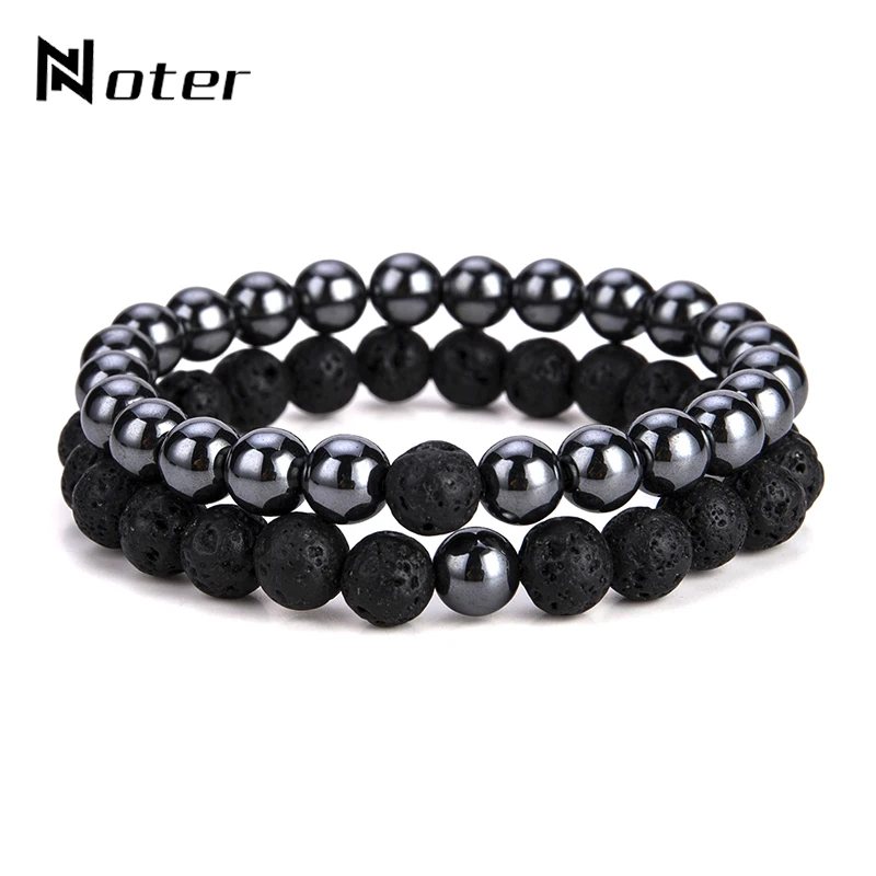 

2pcs/set Volcanic Natural Stone Bracelet Set Charm Hematite Bead Strand Chain Punk Couple Braclet For Men Jewelry Accessories