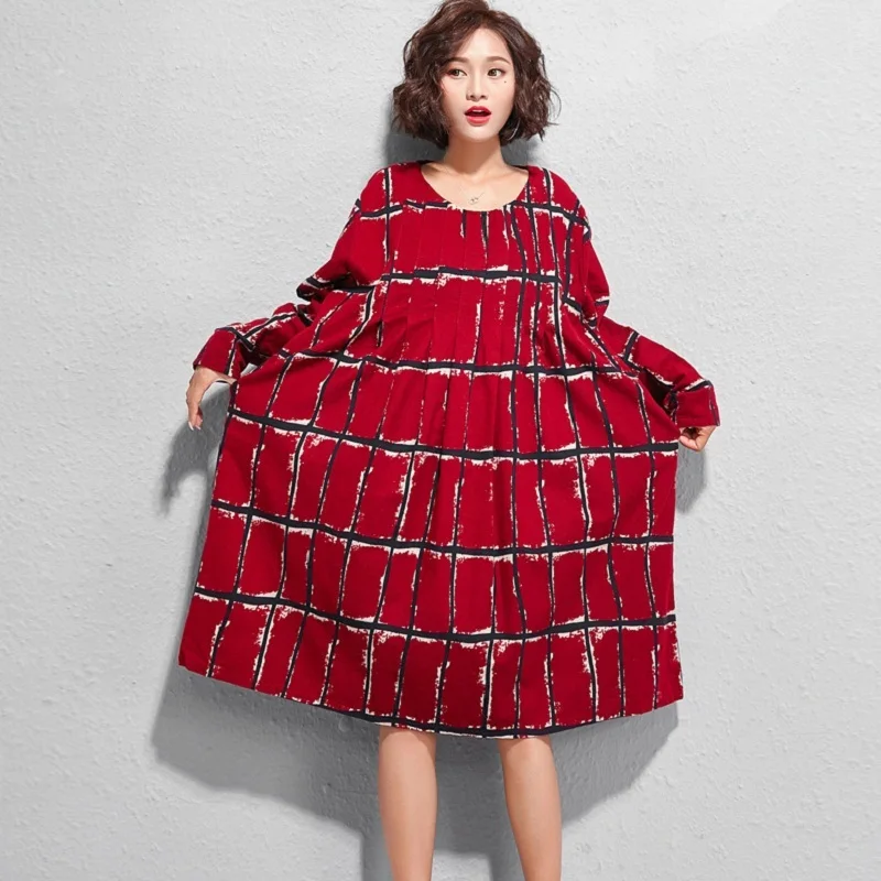 Vintage Spring Autumn Plus Size Women Clothing Cotton Linen Plaid Retro Casual Female Dress 2018