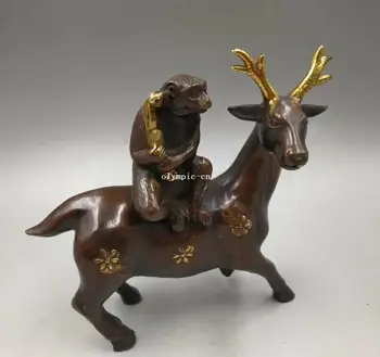

8'' bronze gild carved a monkey on deer statue